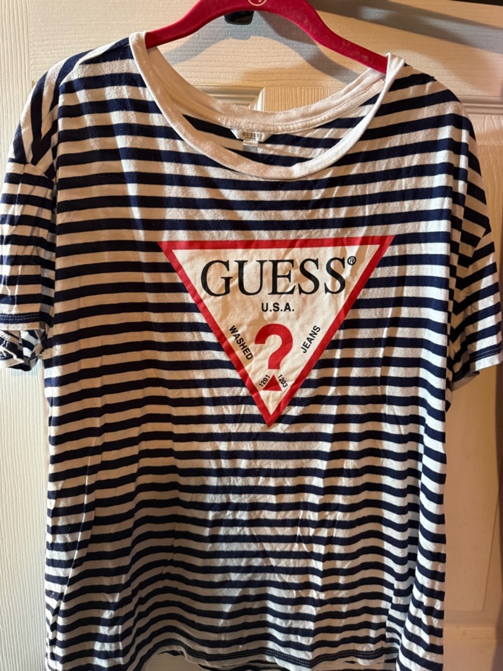 GUESS Navy, White & Red Striped Logo Tee